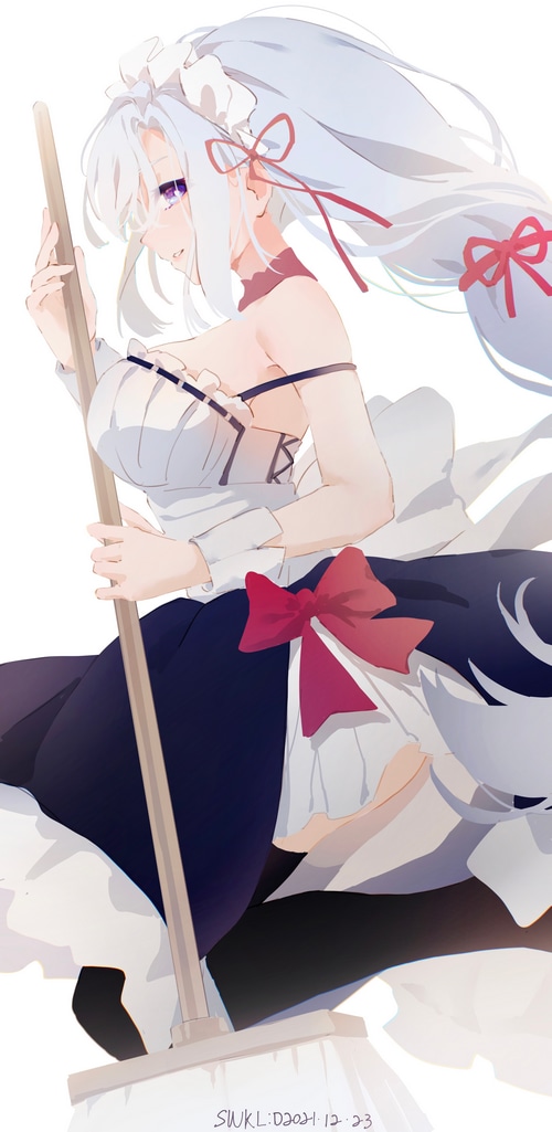 Shenhe as a maid with a broom