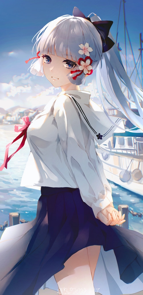 Kamisato Ayaka from Genshin Impact in a school uniform
