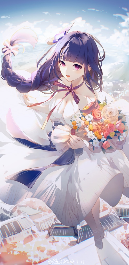 Raiden Shogun in a white dress holding flowers