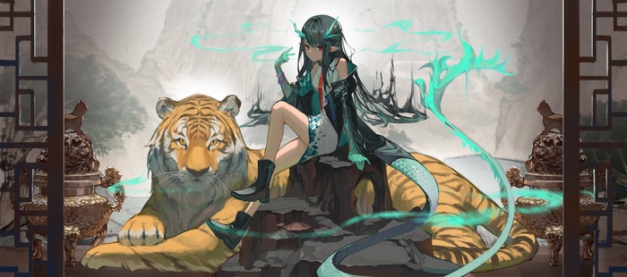 Arknights anime girl with dragon horns and tiger