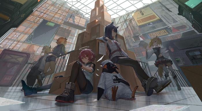 Arknights characters and penguin in a warehouse