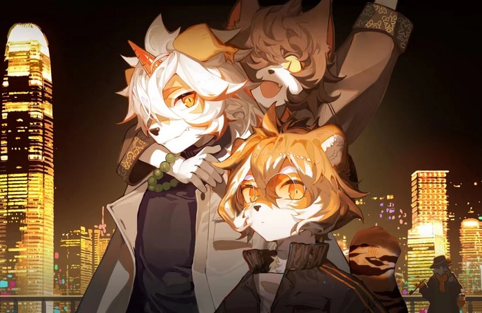 Arknights characters in a city at night
