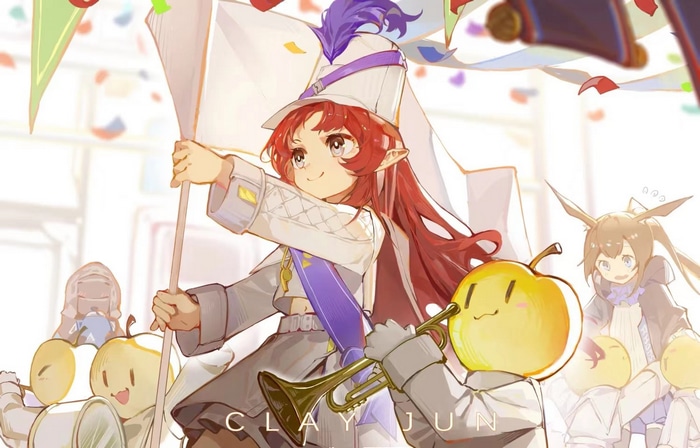 Myrtle from Arknights in a parade with apple characters