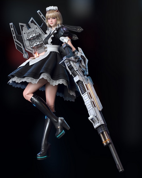 4K Maid Outfit Woman with Gun