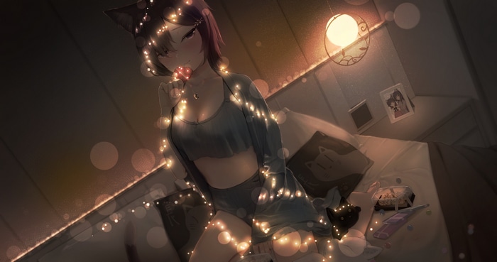 Anime girl with cat ears eating a lollipop