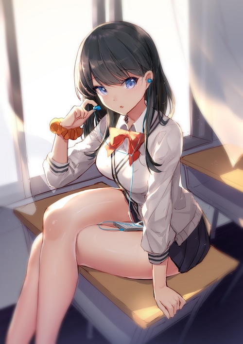 Rikka Takarada listening to music in a classroom