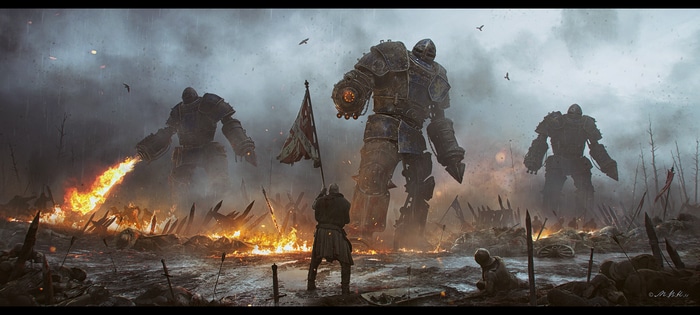 Giant mechs in a fiery battlefield with a soldier holding a banner