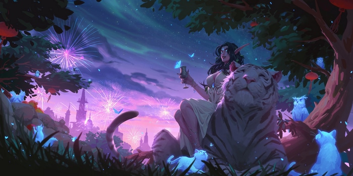 Tyrande Whisperwind with a White Tiger and Fireworks