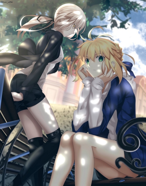 Saber and Saber Alter from Fate series sitting on a bench