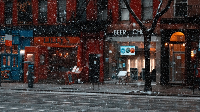Snowing on a street in Manhattan, New York City