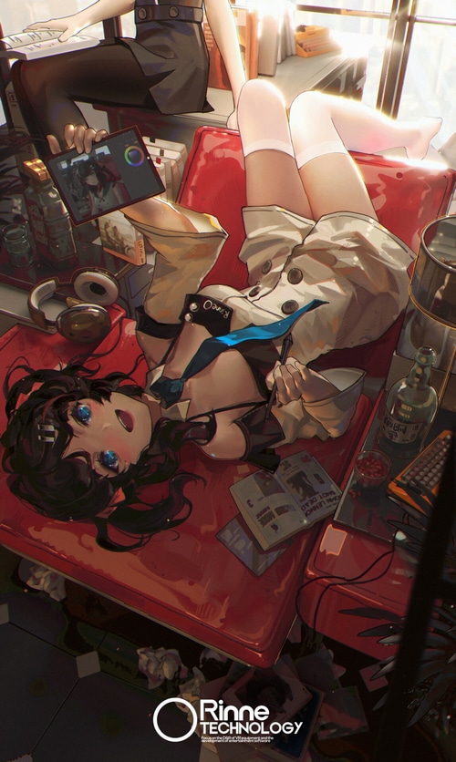 Girl with dark hair and blue eyes on a red couch