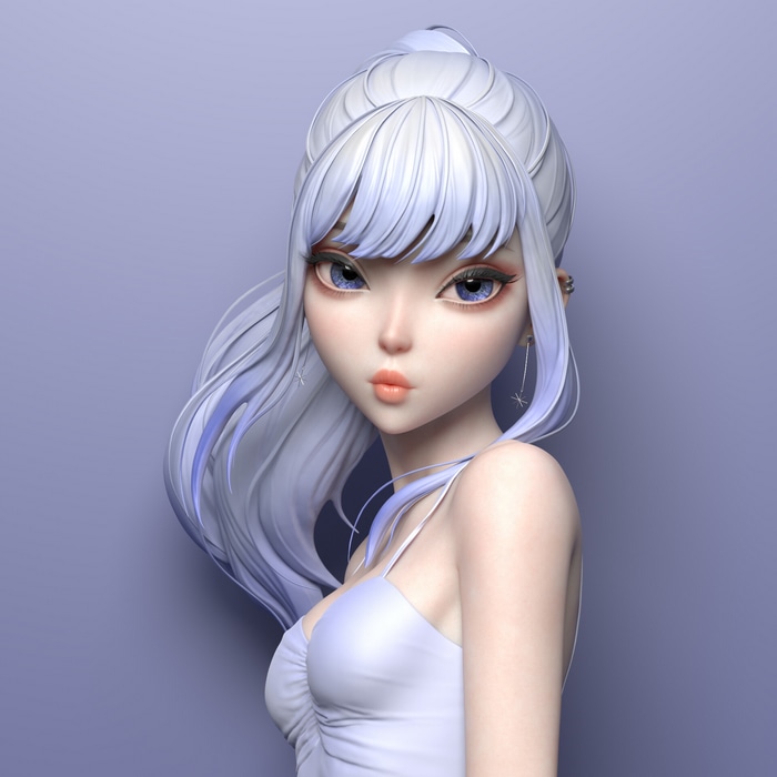 Portrait of a woman with blue eyes and white hair