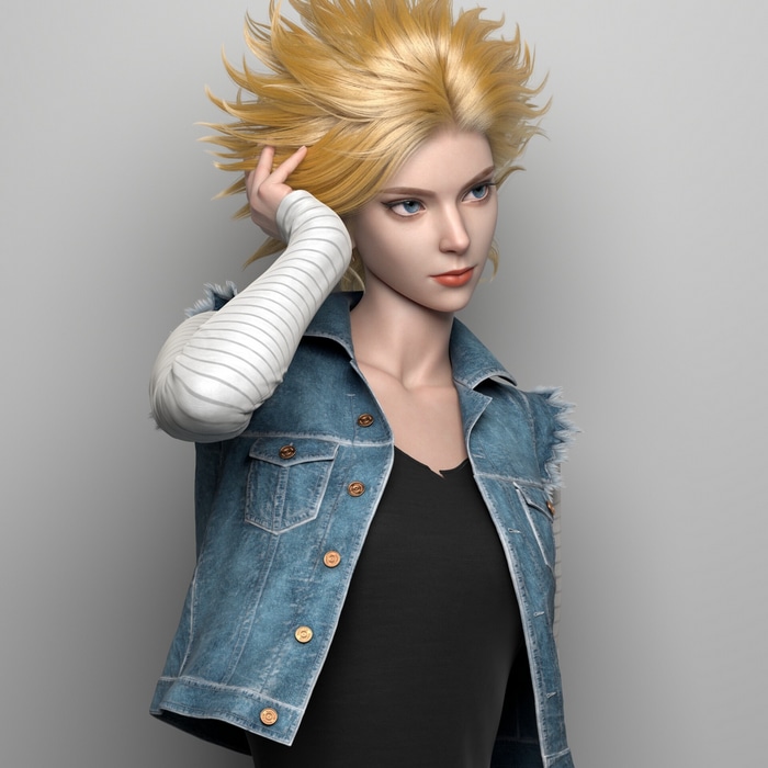 Android 18 from Dragon Ball with blonde hair and blue eyes