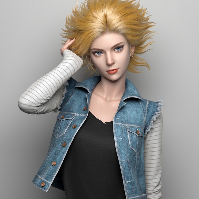 Android 18 with blonde hair and blue eyes