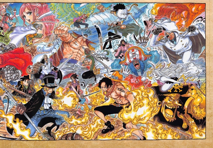 One Piece characters in a chaotic battle scene