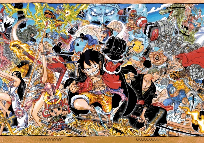 One Piece characters in a chaotic battle scene