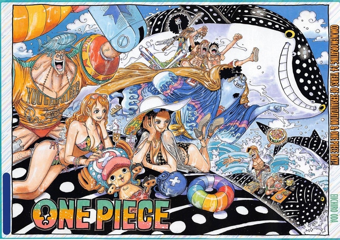 One Piece characters on a beach with whale sharks