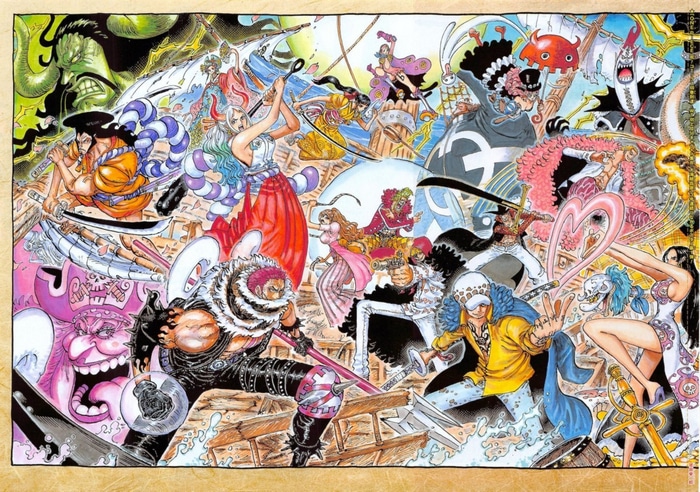 One Piece characters in a chaotic battle scene