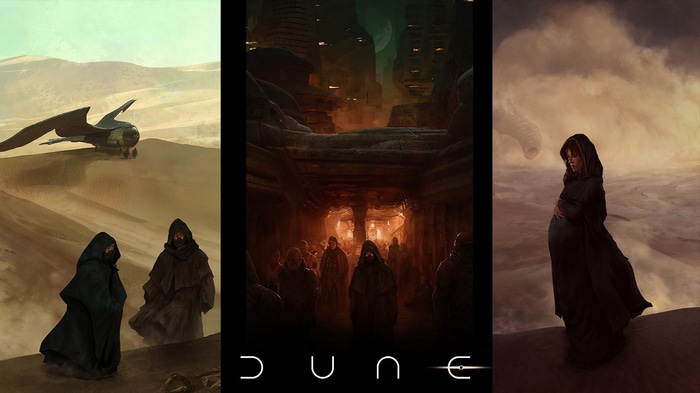 Dune: Three panels with characters and spacecraft