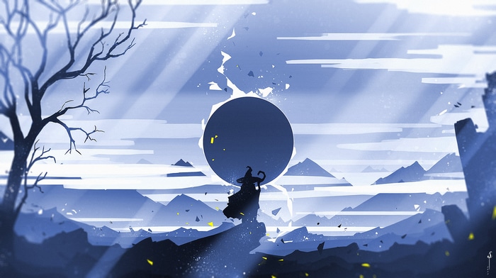 Wizard holding a dark orb during an eclipse