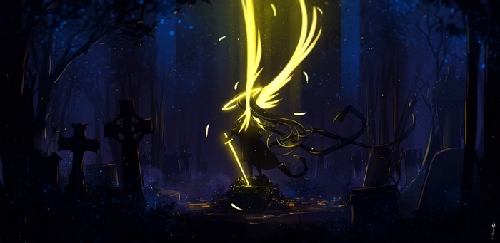 Angel with a glowing sword in a graveyard