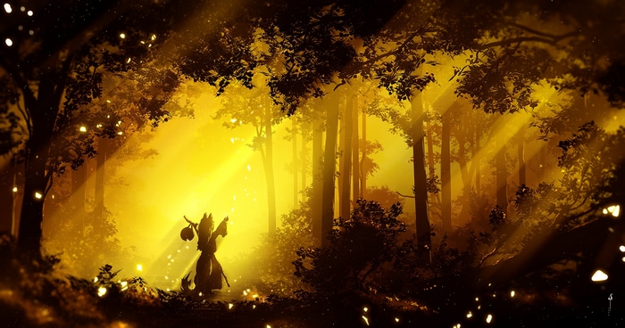 Fantasy art of a figure in a sunlit forest