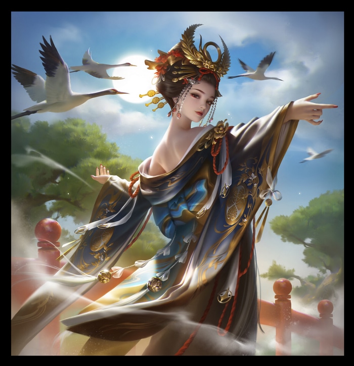 Fantasy Asian woman in traditional dress with cranes