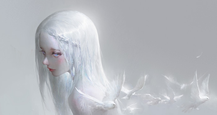Fantasy girl with white hair and doves