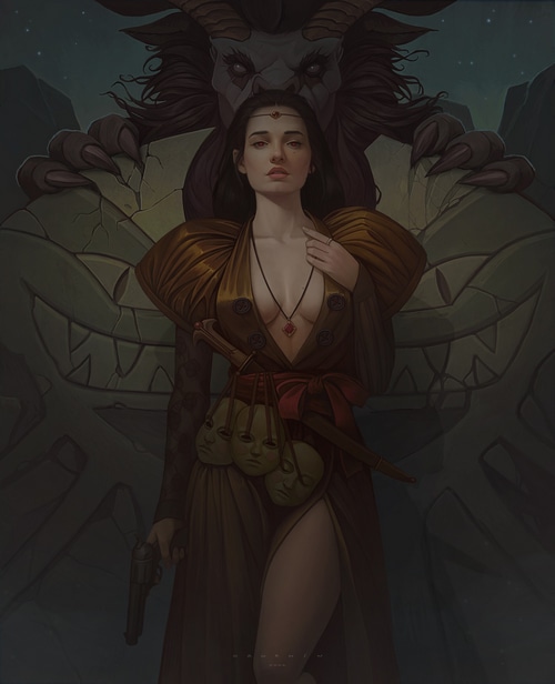 Fantasy girl with masks and gun by Ilya Ozornin