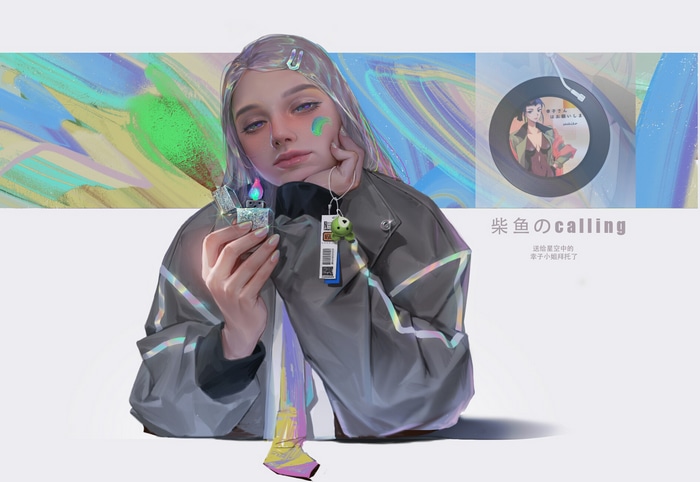 Artwork of a woman holding a lighter
