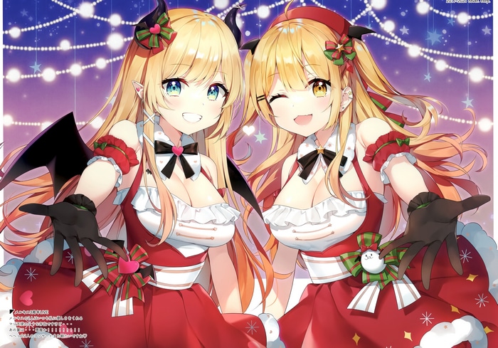 Two anime girls in Christmas outfits
