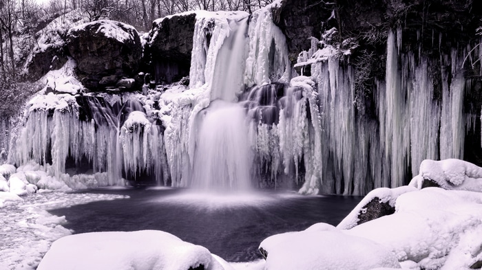 4K Winter Waterfall with Icicles and Snow