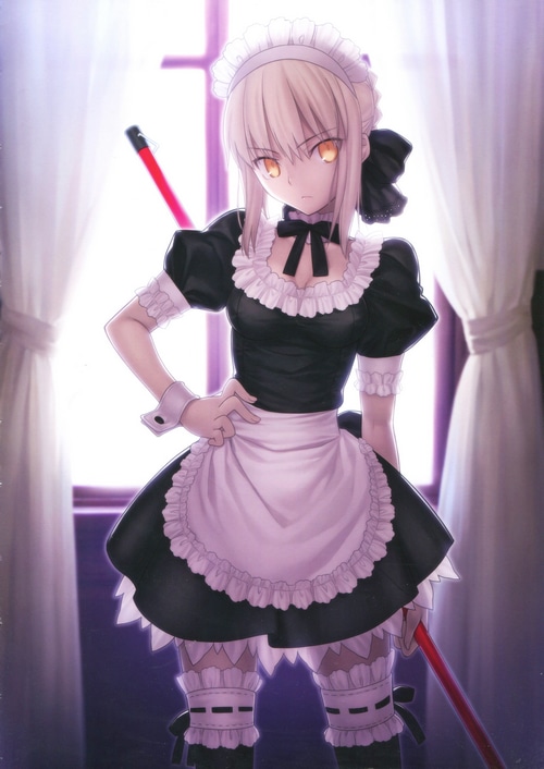 Saber Alter in a Maid Outfit Holding a Broom