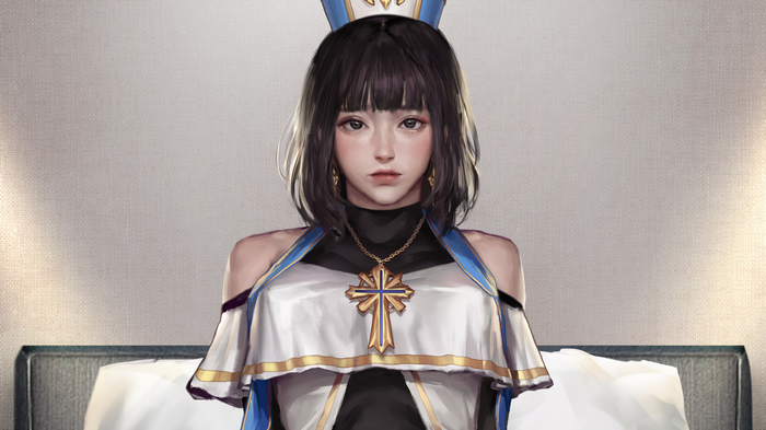 Asian priest with dark hair and cross necklace