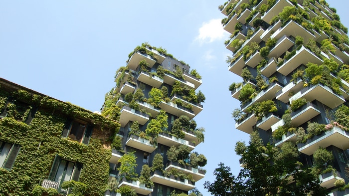 Vertical Forest buildings with trees and plants