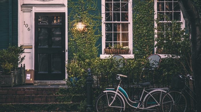 House with ivy, lamp, and bicycle