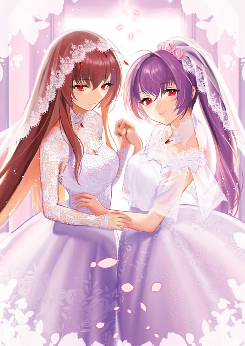 Scathach and Skadi in wedding dresses