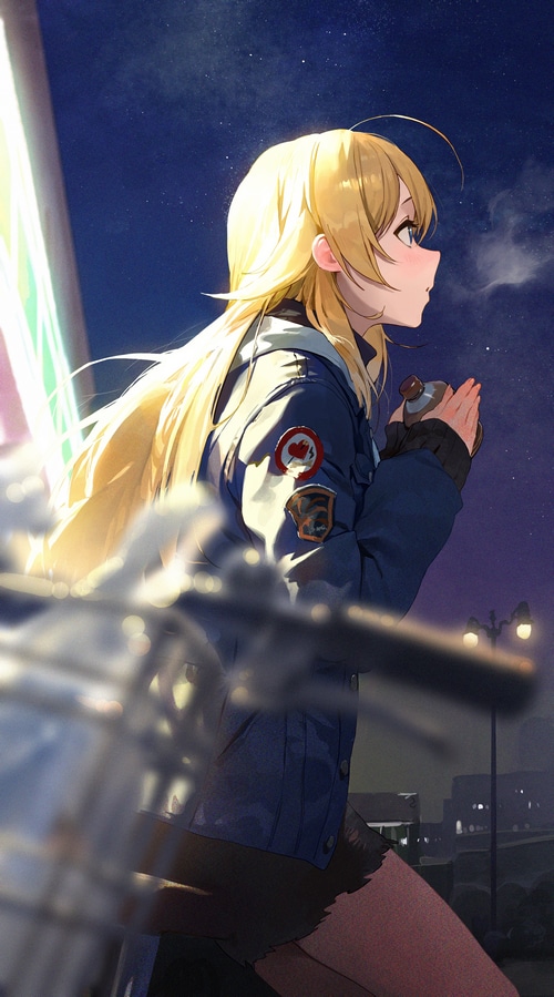 Anime girl with blonde hair holding a cup outdoors at night