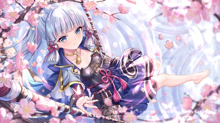 Kamisato Ayaka from Genshin Impact surrounded by cherry blossoms