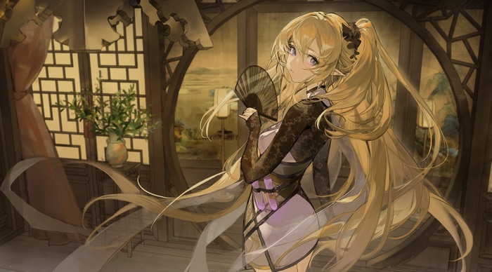 Fantasy girl with blonde hair holding a fan