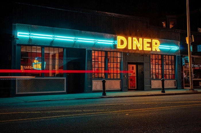 Diner at night with neon lights