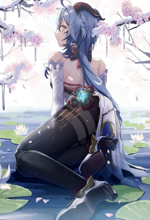Ganyu from Genshin Impact sitting by water