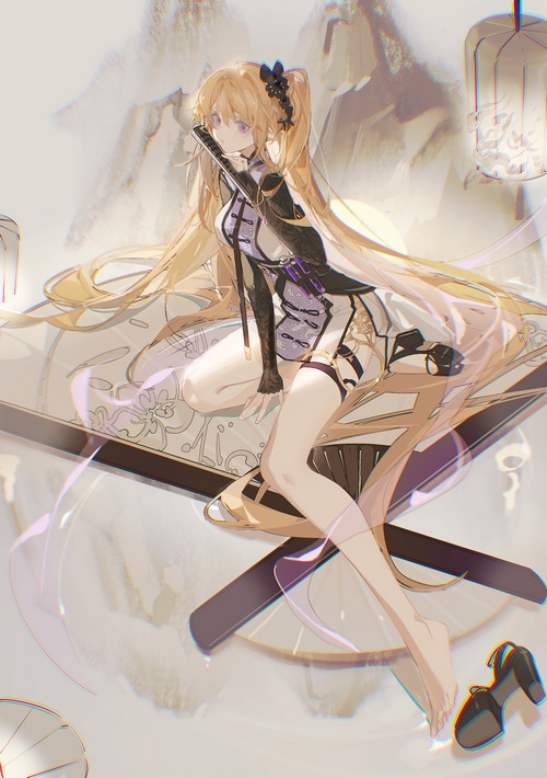 Arknights Indigo with blonde hair and a fan