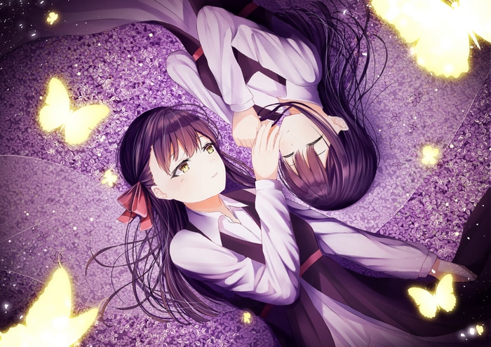 Two anime girls with purple hair lying down