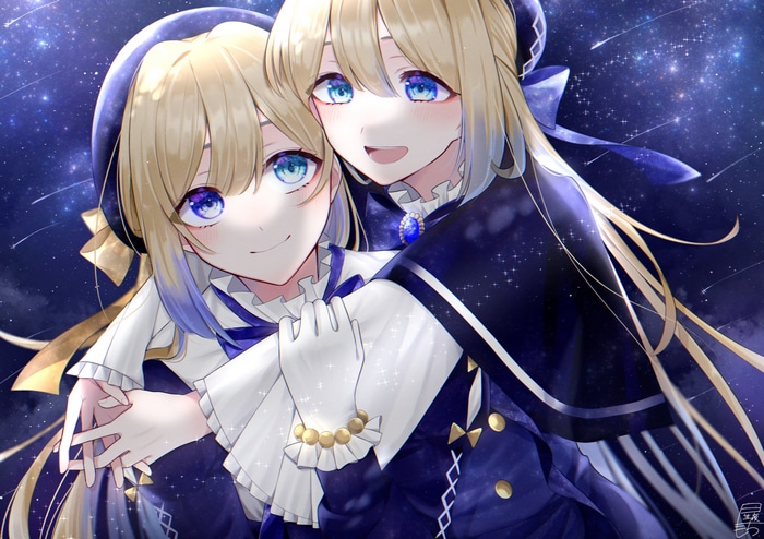 Two girls with blue eyes hugging under a starry sky