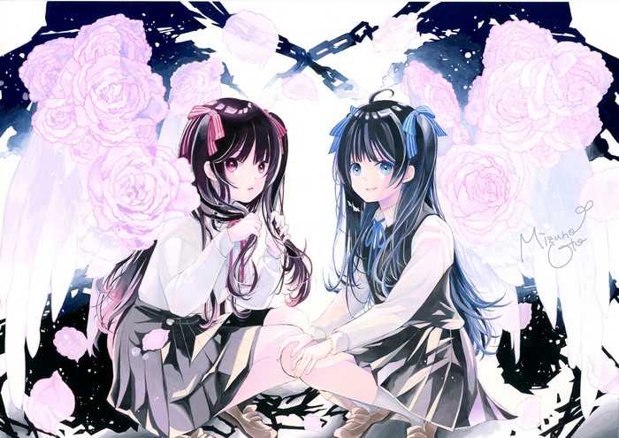 4K Anime Twins with Wings and Pink Roses