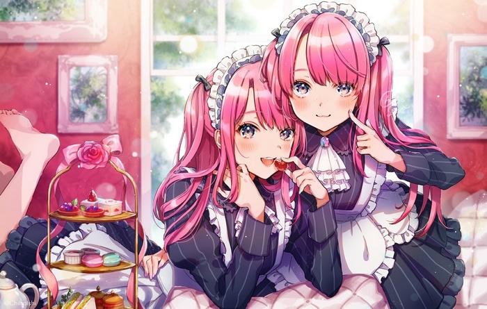 Pink-haired twins in maid outfits at a tea party