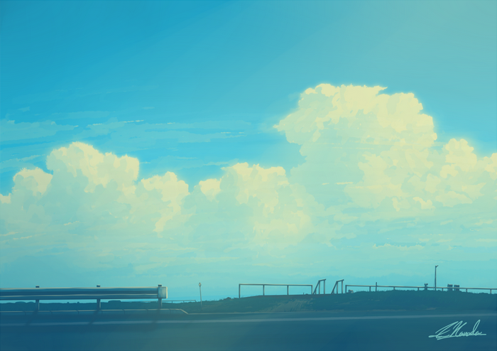 Anime sky with clouds over a road