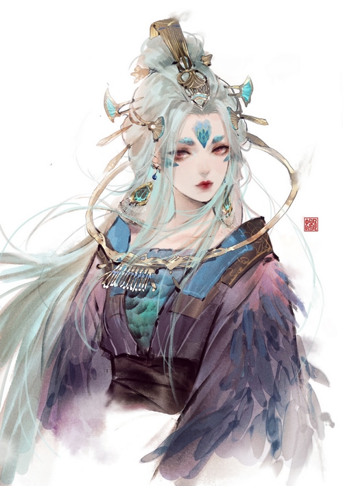 Fantasy art of a woman with elaborate headdress