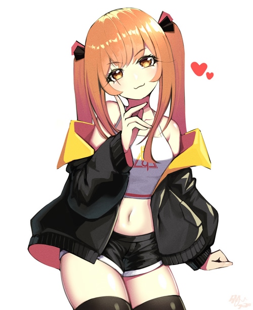 Anime girl with orange pigtails wearing shorts and jacket